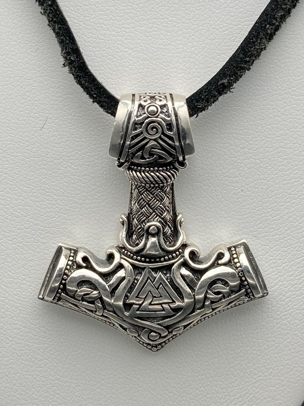 Sterling Silver Mjollnir with Valknut Pendant With Leather Cord
