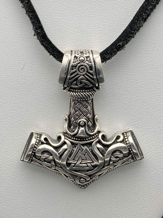 Sterling Silver Mjollnir with Valknut Pendant With Leather Cord