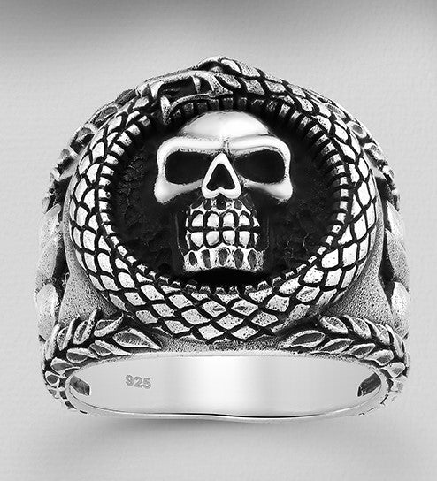 Skull Ring with Fleur De Lis and Ouroboros