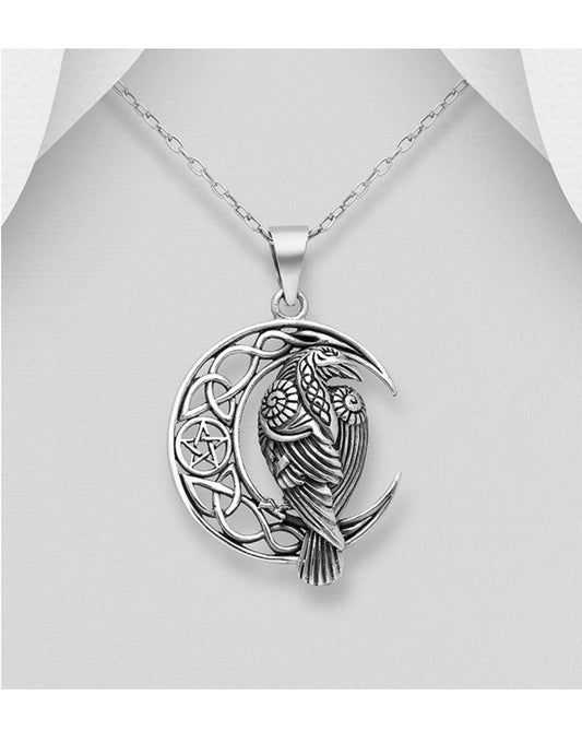 Celtic Moon and Raven Necklace - Sterling Silver