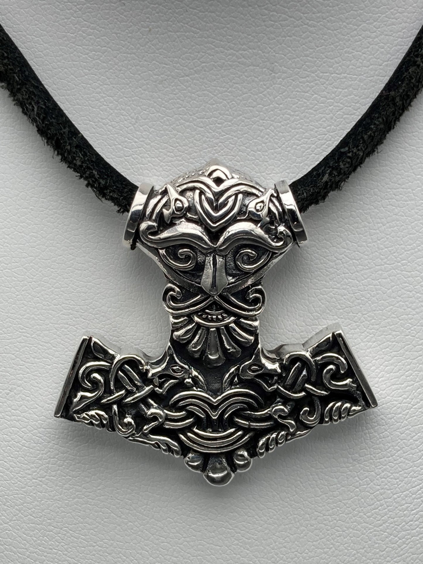 Sterling Silver Mjollnir and Thor Pendant with Leather Cord