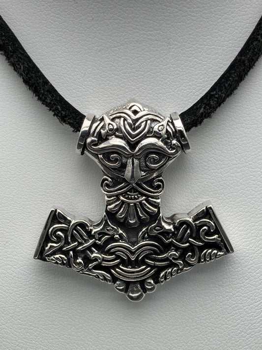 Sterling Silver Mjollnir and Thor Pendant with Leather Cord