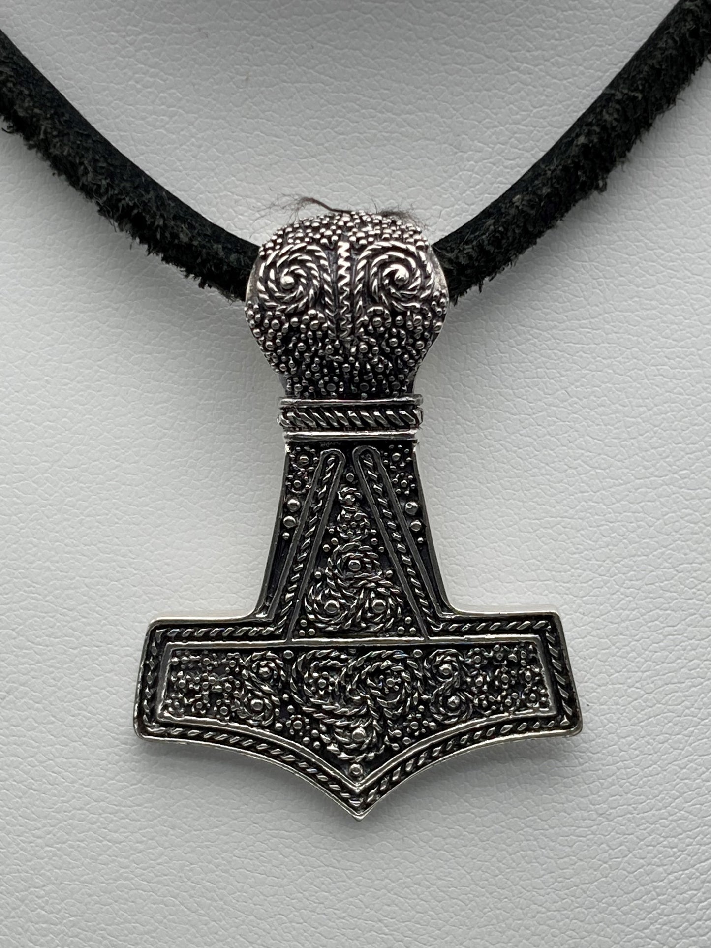 Sterling Silver Oxidized Mjollnir Pendant with Leather Cord