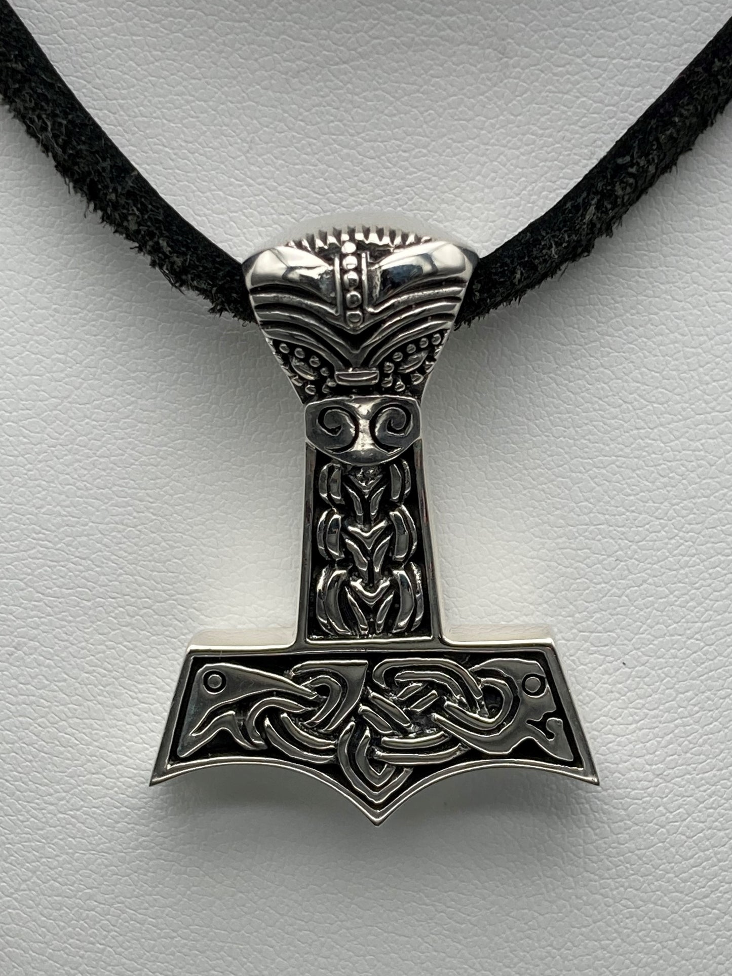 Sterling Silver Celtic Mjollnir Pendant with Leather Cord