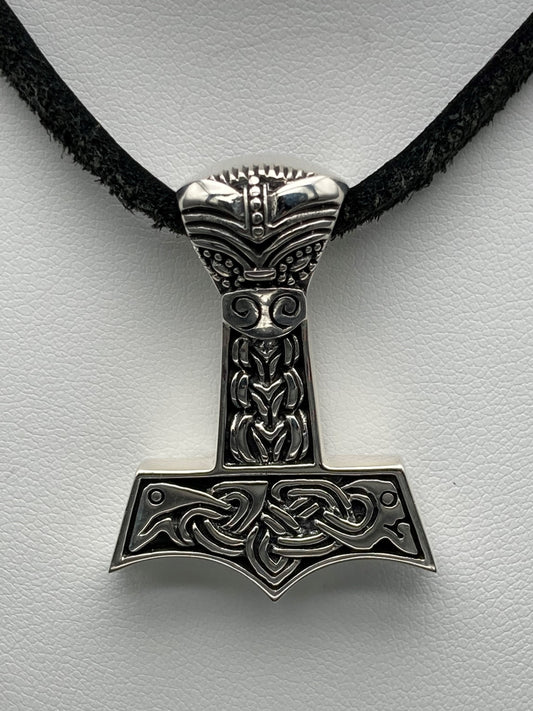 Sterling Silver Celtic Mjollnir Pendant with Leather Cord